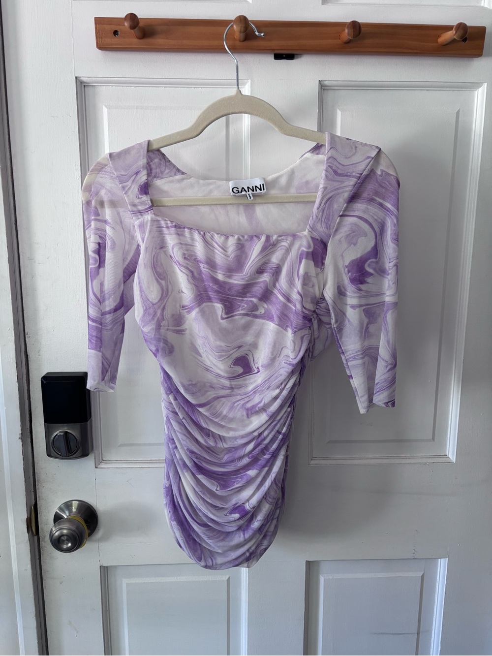 EUC Ganni Purple Orchid Bloom Mesh Ruched Top Sz EU 38 US 6